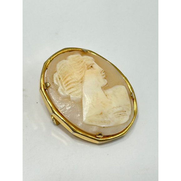 Vintage Shell Cameo Pin Brooch Carved Lady Profile Gold Tone Setting Oval Shaped - Picture 2 of 6